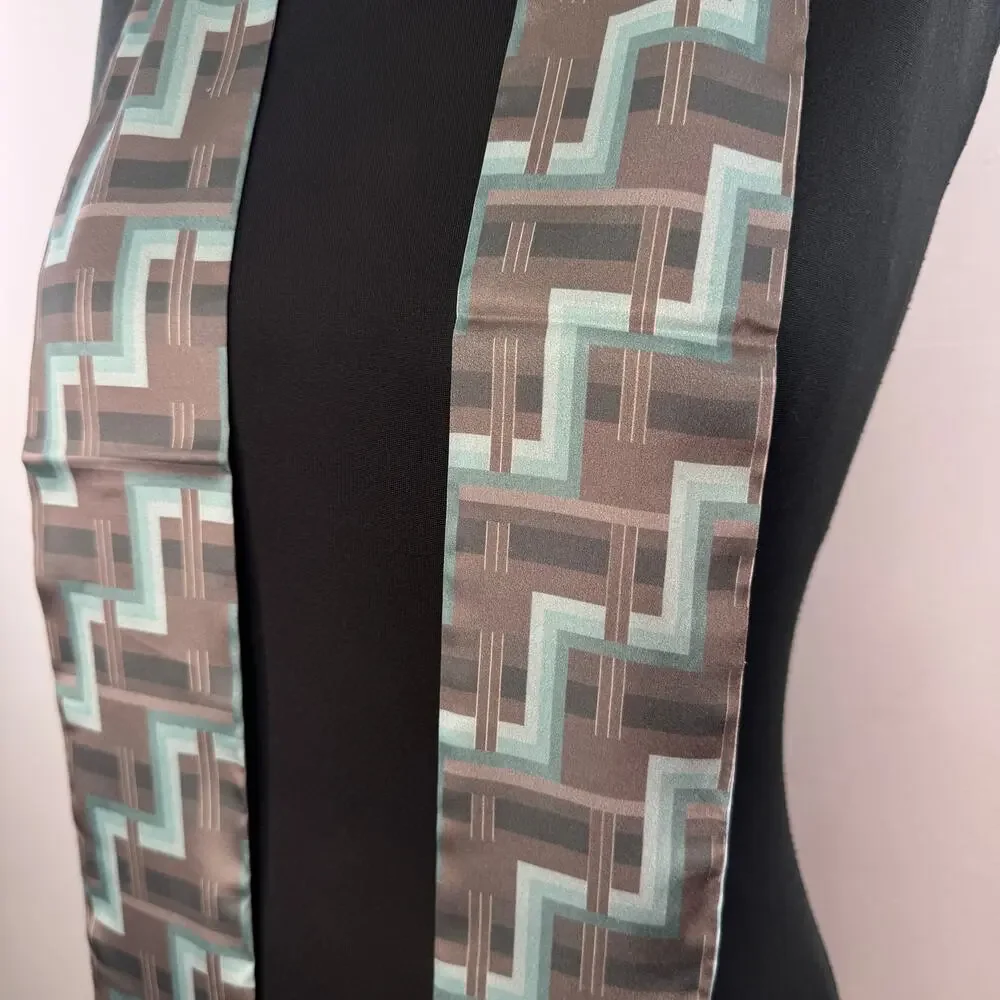 Alexis Bittar Ribbon Hair Scarf Tie Light Blue Gray Deco Grid Casual Party NEW